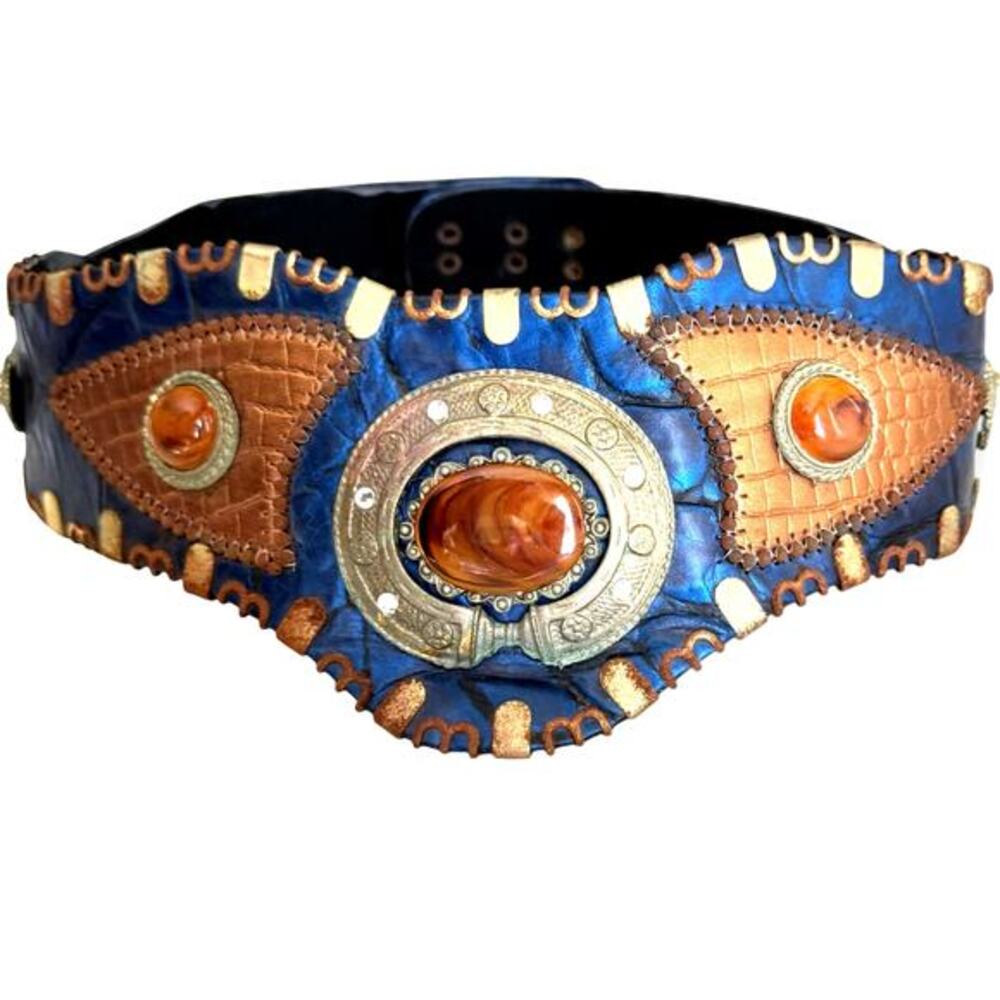 Nina Arjani Leatherock 1990s Wide Cinch Belt Blue Croc Cabochon Boho Renaissance